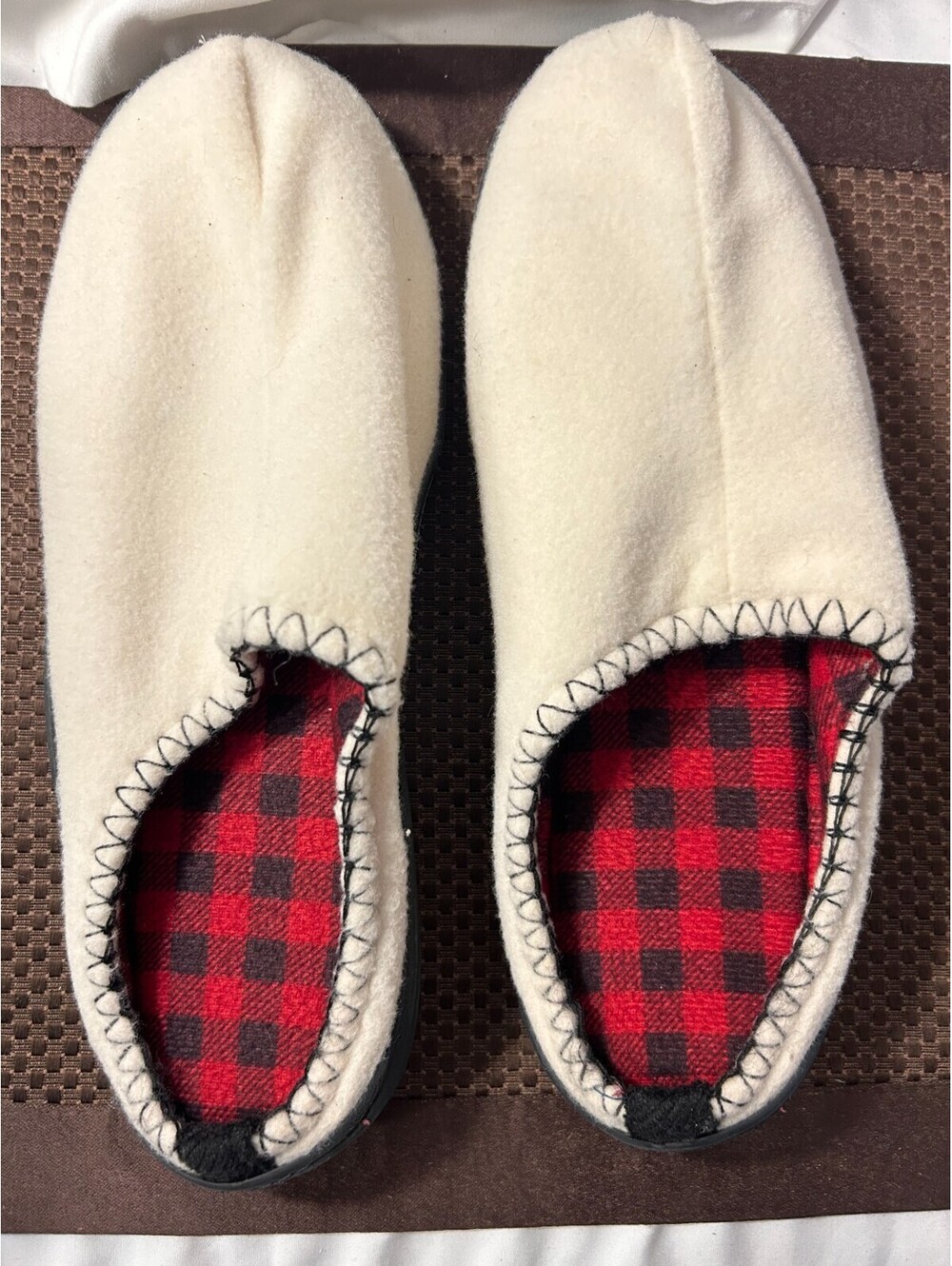 Beige Wool Felt House Slippers Red Black Buffalo Plaid Lined Comfort Mules Sz 10